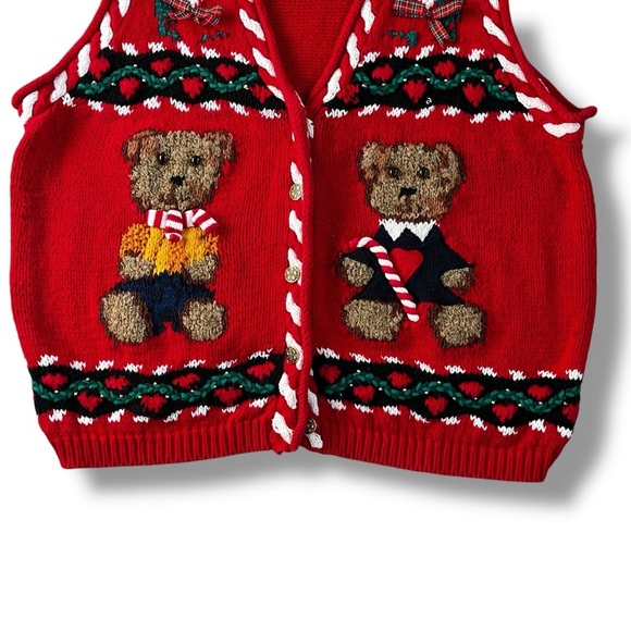 Vintage 90s Karen Scott Christmas Sweater Vest Teddy Bears 3D Trims Red Size 1X - Picture 5 of 12